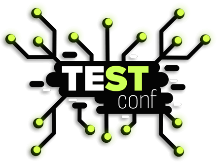 Das große Tech Stream Conference Logo. Es zeigt den Schriftzug auf schwarzen Wolken. Aus den Wolken kommen schwarze Schaltkreise, an deren Enden gelbe Punkte sind. Test ist in Großbuchstaben und weiß / grün. conf in Kleinbuchstaben darunter und weiß.